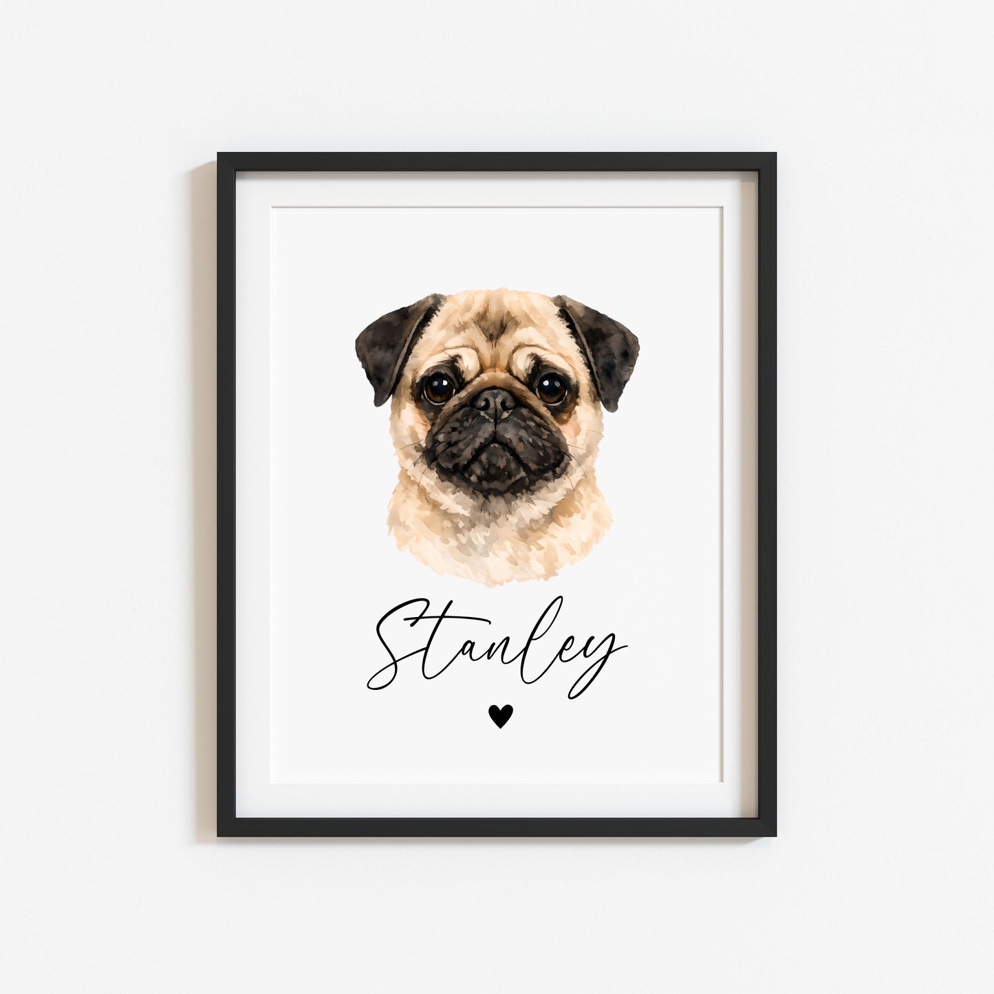 Personalised Pug Print Custom Name Pet portrait - 3 colours, unframed wall art