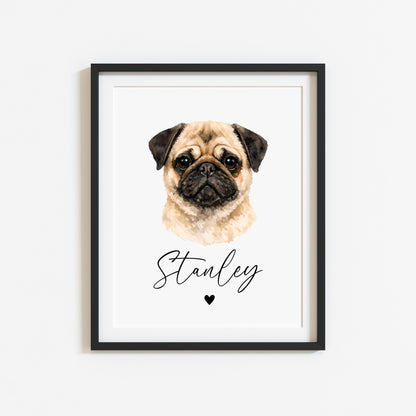 Personalised Pug Print Custom Name Pet portrait - 3 colours, unframed wall art