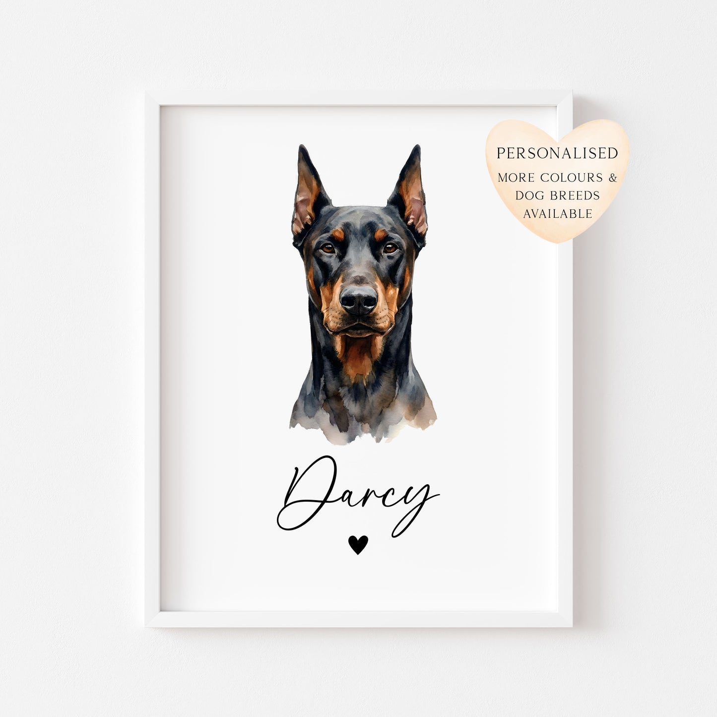 Personalised Doberman dog Print Custom Name Pet portrait - 4 options unframed wall art