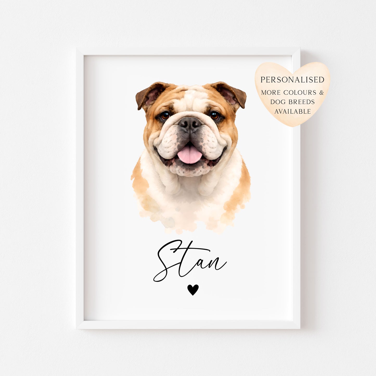 Personalised English Bulldog dog Dog Print Custom Name Pet portrait watercolour unframed wall art