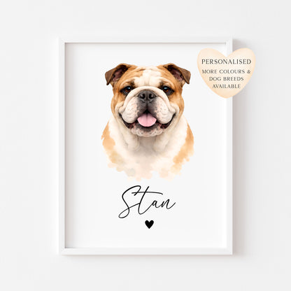 Personalised English Bulldog dog Dog Print Custom Name Pet portrait watercolour unframed wall art