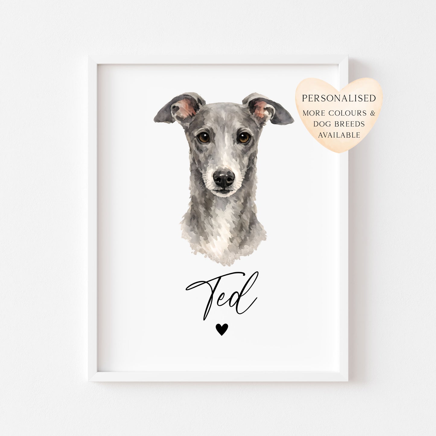 Personalised Grey Hound Print Custom Name Pet portrait - 4 colours, unframed wall art