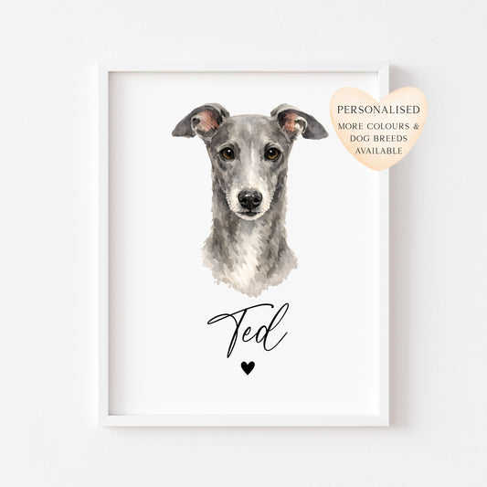 Personalised Grey Hound Print Custom Name Pet portrait - 4 colours, unframed wall art