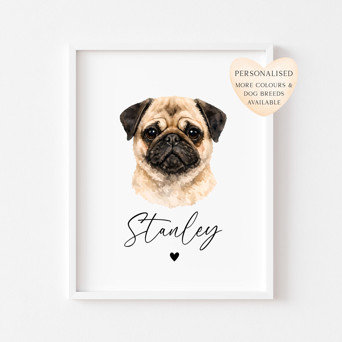 Personalised Pug Print Custom Name Pet portrait - 3 colours, unframed wall art