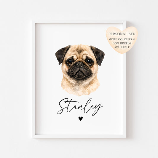 Personalised Pug Print Custom Name Pet portrait - 3 colours, unframed wall art