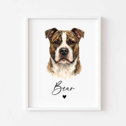 Personalised AmStaff Dog Print Custom Name Pet portrait watercolour unframed wall art poster