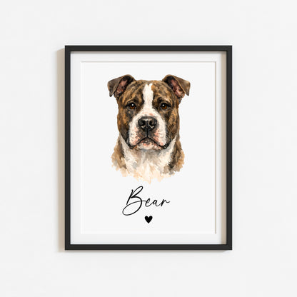 Personalised AmStaff Dog Print Custom Name Pet portrait watercolour unframed wall art poster