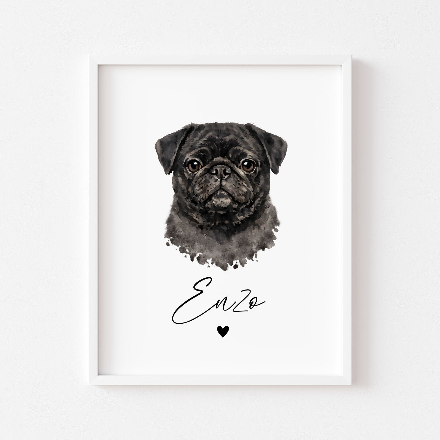 Personalised Pug Print Custom Name Pet portrait - 3 colours, unframed wall art