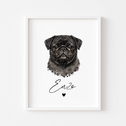 Personalised Pug Print Custom Name Pet portrait - 3 colours, unframed wall art