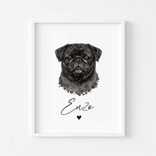 Personalised Pug Print Custom Name Pet portrait - 3 colours, unframed wall art