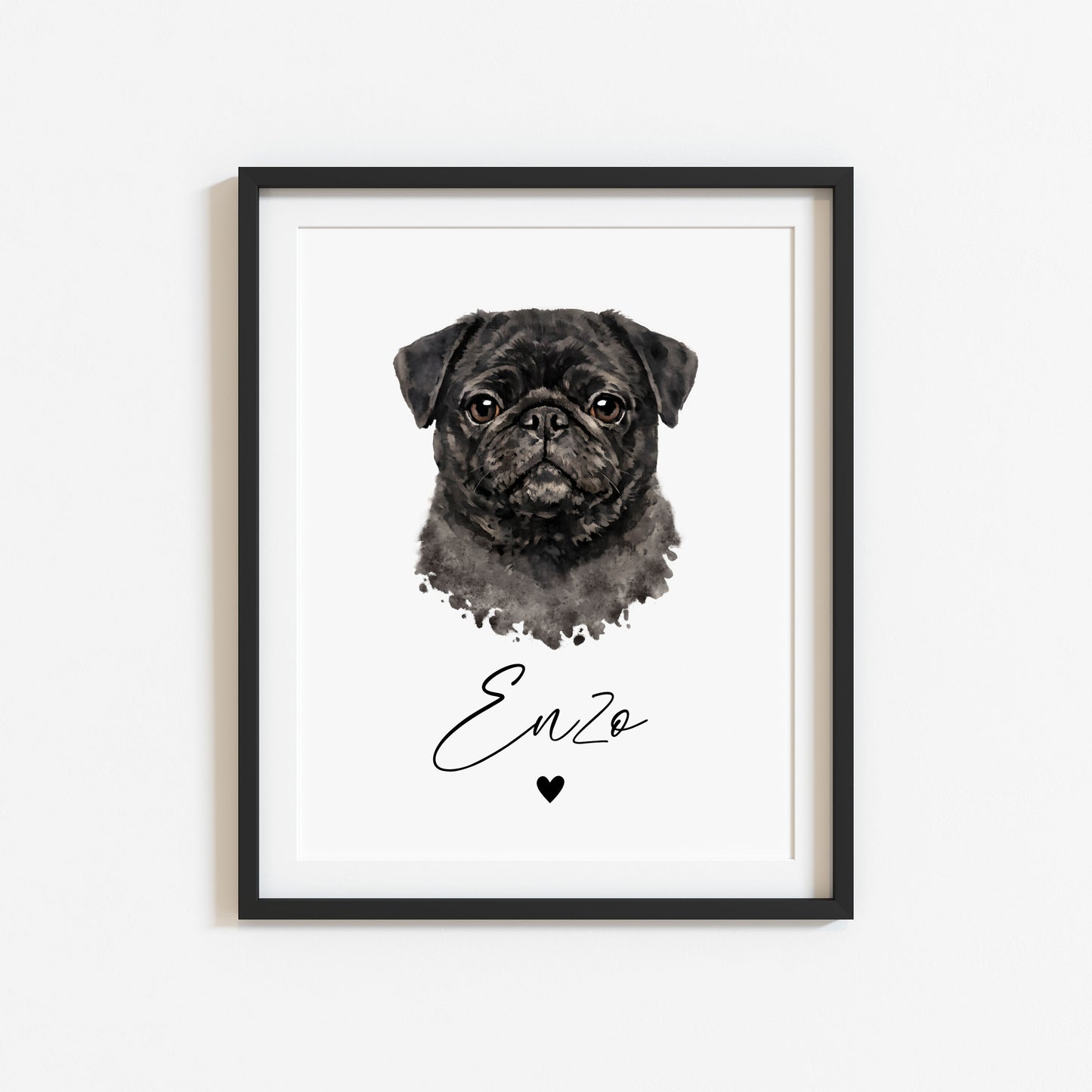 Personalised Pug Print Custom Name Pet portrait - 3 colours, unframed wall art