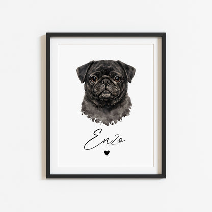 Personalised Pug Print Custom Name Pet portrait - 3 colours, unframed wall art