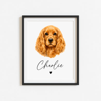 Personalised Cocker Spaniel Dog Print Custom Name Pet portrait watercolour unframed wall art