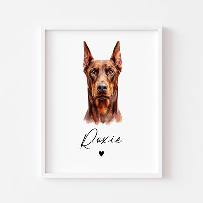 Personalised Doberman dog Print Custom Name Pet portrait - 4 options unframed wall art