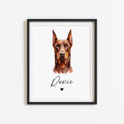 Personalised Doberman dog Print Custom Name Pet portrait - 4 options unframed wall art