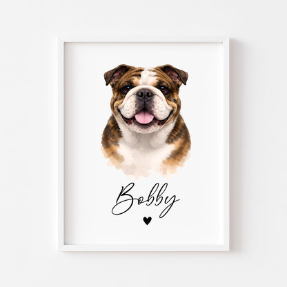 Personalised English Bulldog dog Dog Print Custom Name Pet portrait watercolour unframed wall art