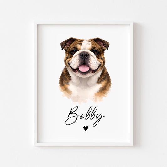 Personalised English Bulldog dog Dog Print Custom Name Pet portrait watercolour unframed wall art