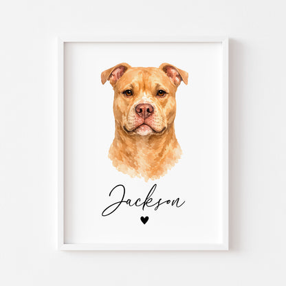 Personalised Pit bull Dog Print Custom Name Pet portrait watercolour unframed wall art poster