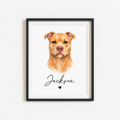 Personalised Pit bull Dog Print Custom Name Pet portrait watercolour unframed wall art poster