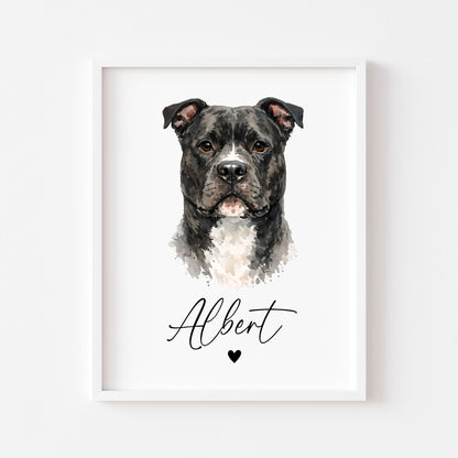 Personalised AmStaff Dog Print Custom Name Pet portrait watercolour unframed wall art poster
