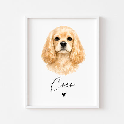 Personalised Cocker Spaniel Dog Print Custom Name Pet portrait watercolour unframed wall art