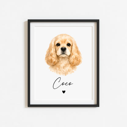 Personalised Cocker Spaniel Dog Print Custom Name Pet portrait watercolour unframed wall art