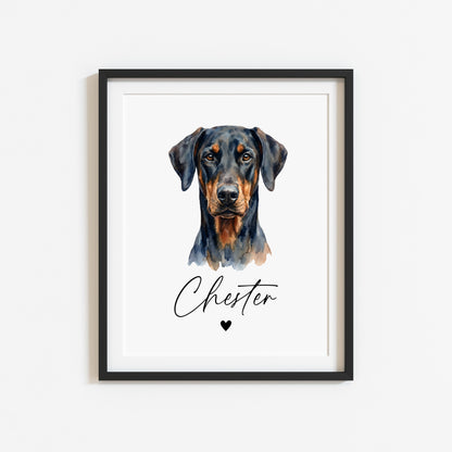 Personalised Doberman dog Print Custom Name Pet portrait - 4 options unframed wall art