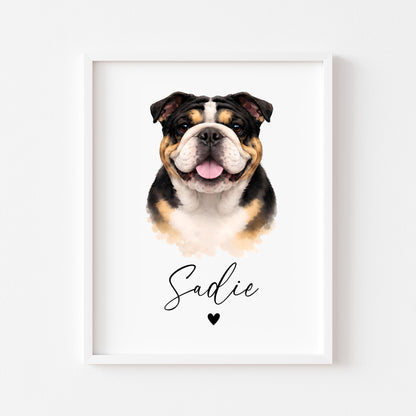 Personalised English Bulldog dog Dog Print Custom Name Pet portrait watercolour unframed wall art