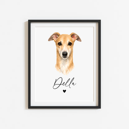 Personalised Grey Hound Print Custom Name Pet portrait - 4 colours, unframed wall art