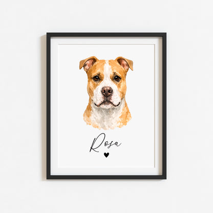 Personalised Pit bull Dog Print Custom Name Pet portrait watercolour unframed wall art poster