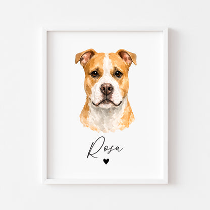 Personalised Pit bull Dog Print Custom Name Pet portrait watercolour unframed wall art poster