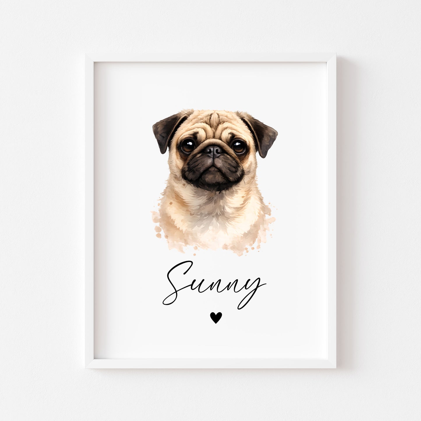 Personalised Pug Print Custom Name Pet portrait - 3 colours, unframed wall art