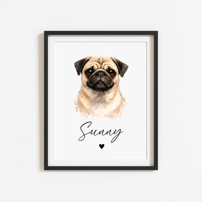 Personalised Pug Print Custom Name Pet portrait - 3 colours, unframed wall art