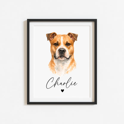 Personalised AmStaff Dog Print Custom Name Pet portrait watercolour unframed wall art poster