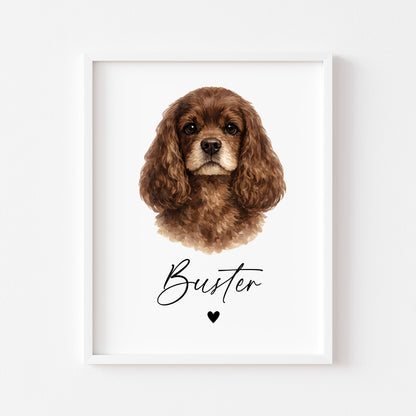 Personalised Cocker Spaniel Dog Print Custom Name Pet portrait watercolour unframed wall art