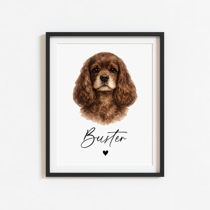 Personalised Cocker Spaniel Dog Print Custom Name Pet portrait watercolour unframed wall art
