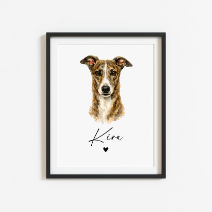 Personalised Grey Hound Print Custom Name Pet portrait - 4 colours, unframed wall art