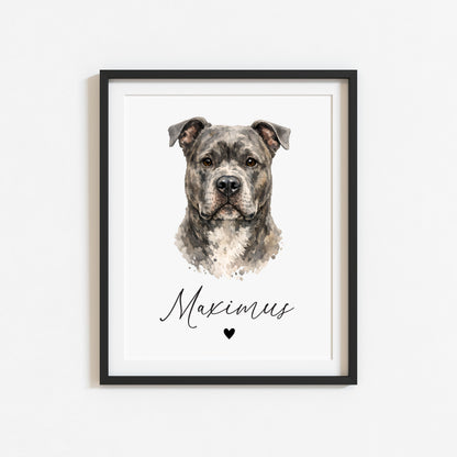 Personalised Pit bull Dog Print Custom Name Pet portrait watercolour unframed wall art poster
