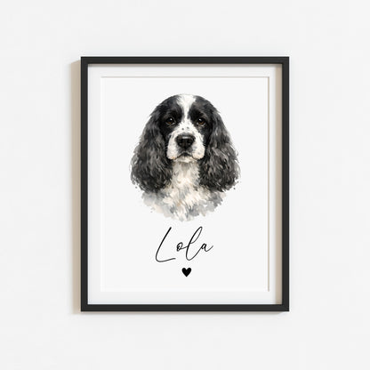 Personalised Cocker Spaniel Dog Print Custom Name Pet portrait watercolour unframed wall art