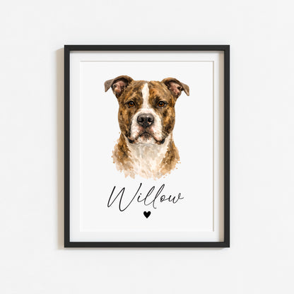 Personalised Pit bull Dog Print Custom Name Pet portrait watercolour unframed wall art poster