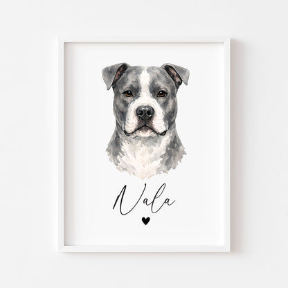 Personalised Pit bull Dog Print Custom Name Pet portrait watercolour unframed wall art poster
