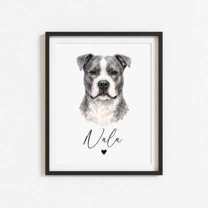 Personalised Pit bull Dog Print Custom Name Pet portrait watercolour unframed wall art poster