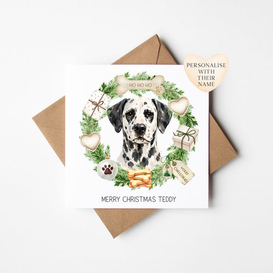 Personalised Dog Christmas card, Dalmatian custom pet name xmas card with envelope