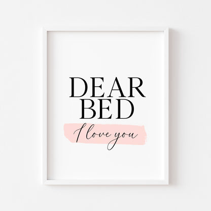 Bedroom print, Dear bed I love you pink watercolour bedroom unframed wall art poster print