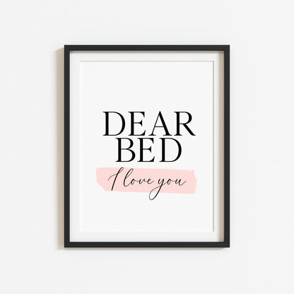 Bedroom print, Dear bed I love you pink watercolour bedroom unframed wall art poster print