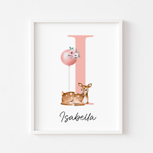 Personalised initial name print,  baby deer and balloon watercolour floral initial illustration nursery unframed print