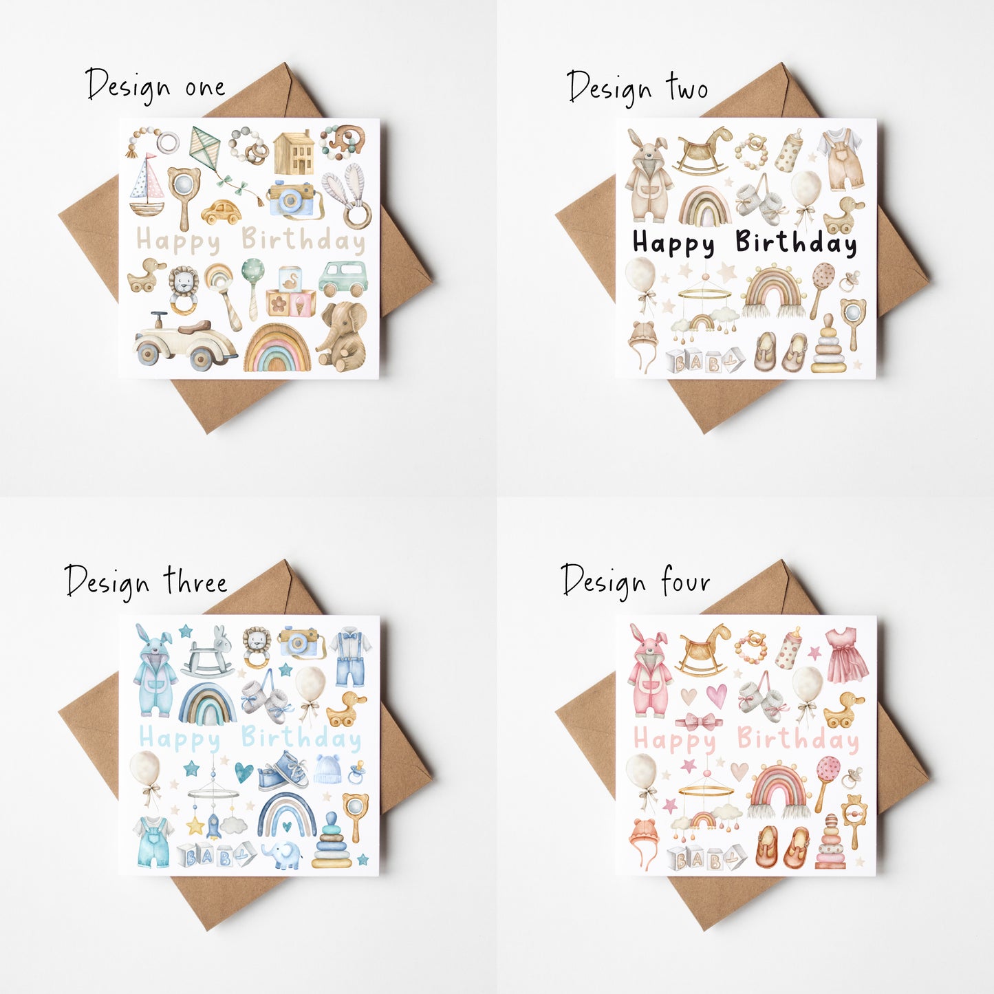 Birthday cards Pack of 4 Happy Birthday individual styles, pastel neutral blue or pink nursery kids toy themed cards with envelopes