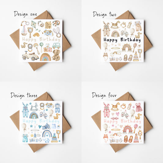 Birthday cards Pack of 4 Happy Birthday individual styles, pastel neutral blue or pink nursery kids toy themed cards with envelopes