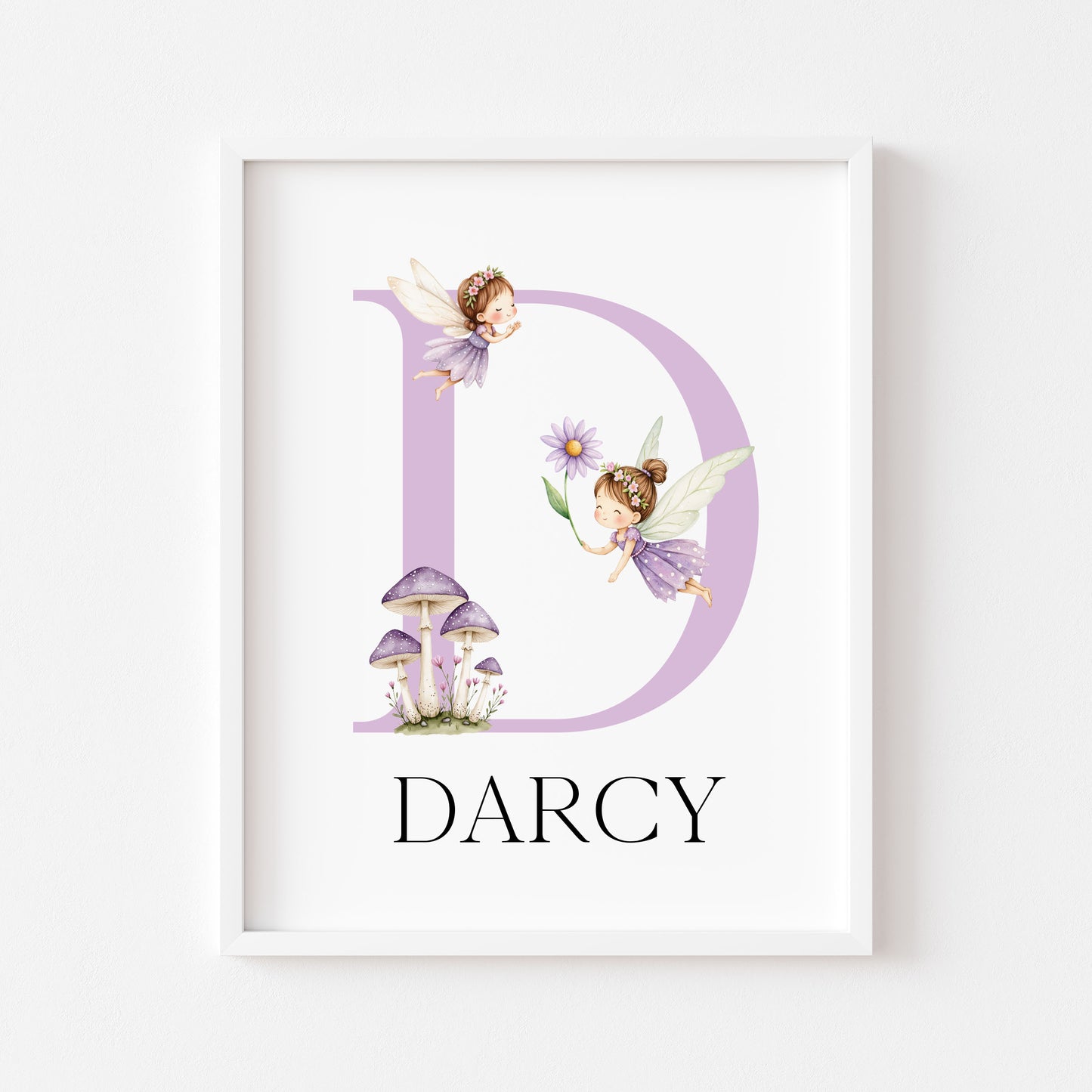 Purple Fairies Initial Print Personalised Nursery wall art Decor (Unframed)