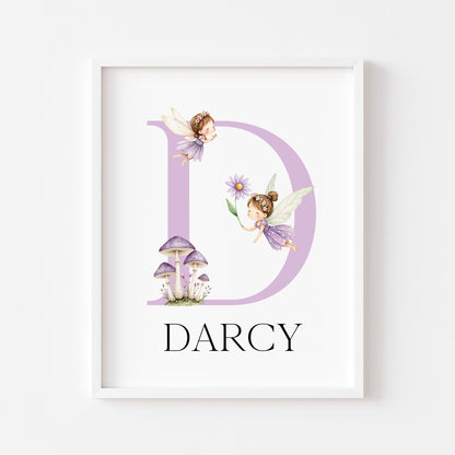 Purple Fairies Initial Print Personalised Nursery wall art Decor (Unframed)
